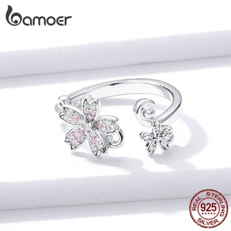 bamoer Sterling Silver 925 Pink Sakura Cherry Flower Open Adjustable Finger Rings for Women Romanti