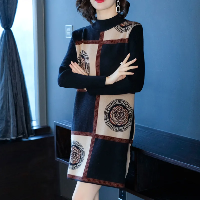 Женское трикотажное платье осень и зима стиль Осенняя одежда корейский стиль средней длины длинный рукав Базовая рубашка свитер платье