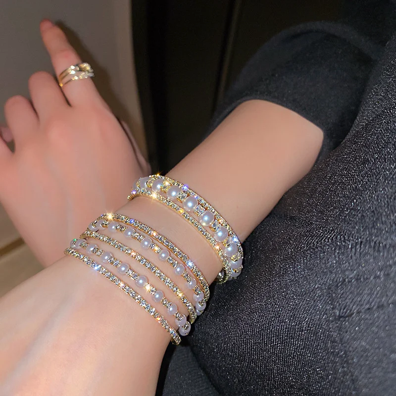 FYUAN Geometric Multilayer Rhinestones Bracelet & Bangles For Women Pearl Cuff Bracelets Weddings Jewelry bangle bracelet