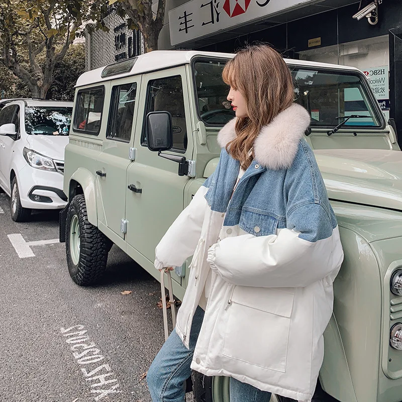 

Photo Shoot 2019 Winter New Style Korean-style Loose Cowboy Joint down Jacket Cotton-padded Clothes Mid-length Cotton-padded Clo