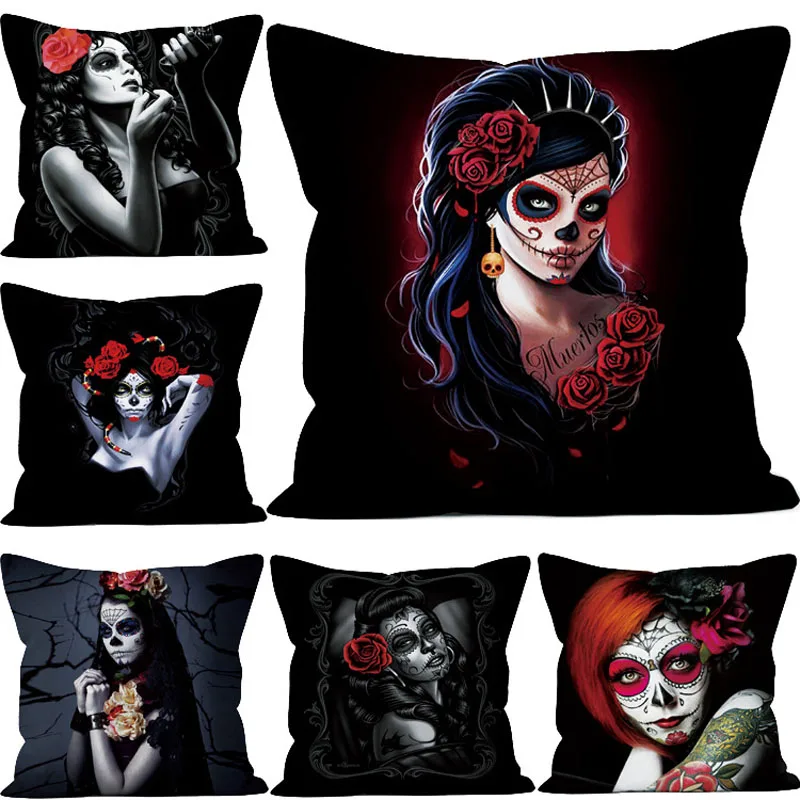 

Horror Hallowen Cushion Cover Skull Festival Printed Funny Horror Painted Cover Sofa Pillow Cushion Case Fadeless Black MJ001