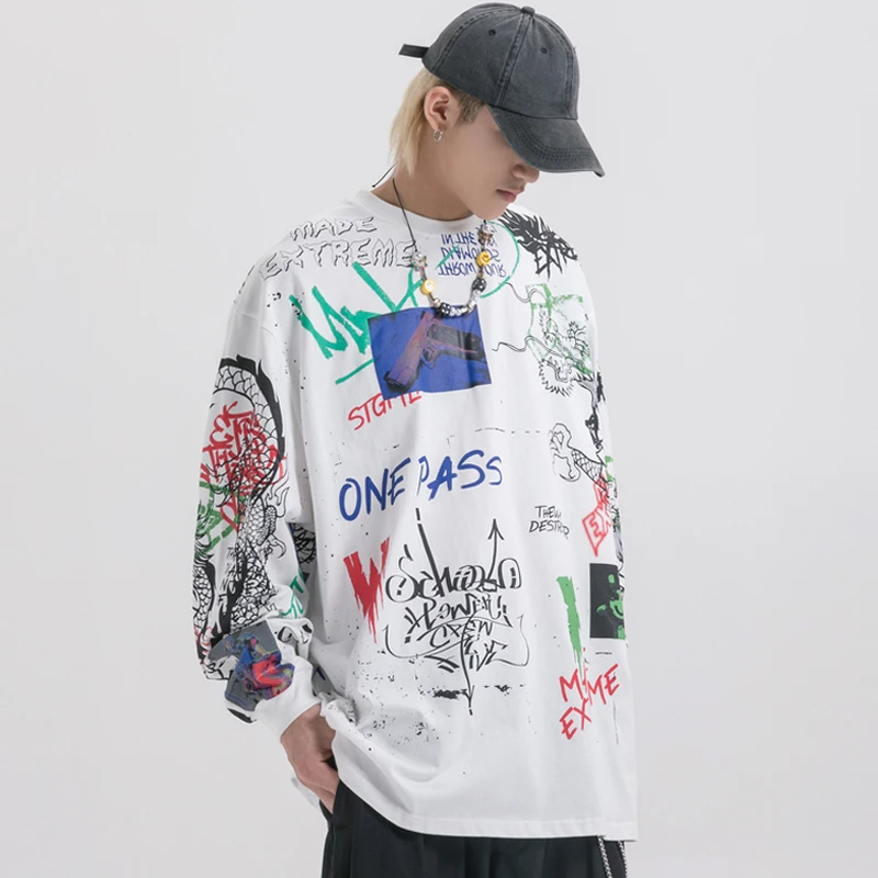Уличная одежда с длинным рукавом хлопковая Футболка Мужская хип-хоп граффити Полная печатная рэпперская футболка в японском стиле Harajuku негабаритная футболка