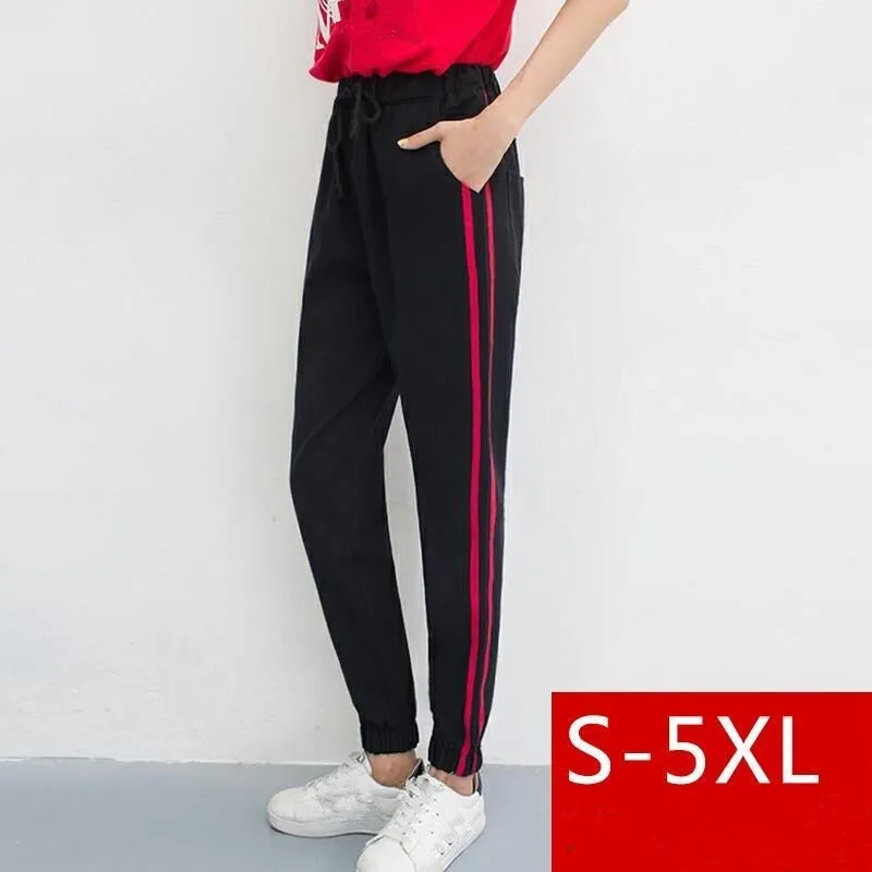 5XL Харадзюку женские черные джинсовые брюки с высокой талией бойфренд Красные Полосатые джинсы