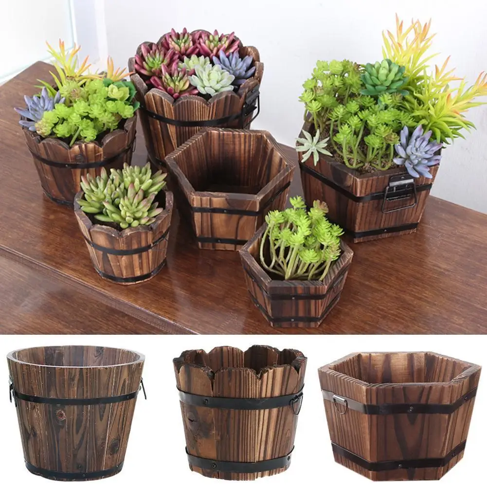 Vintage Round Wooden Flower Pot Bucket Succulent Plants Home Decoration
