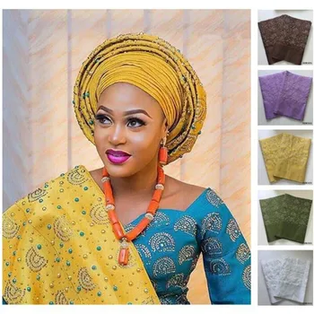 

aso oke with beads gold lace fabric asoke headtie with stones auto gele headtie african fabric high quality 2piece/set
