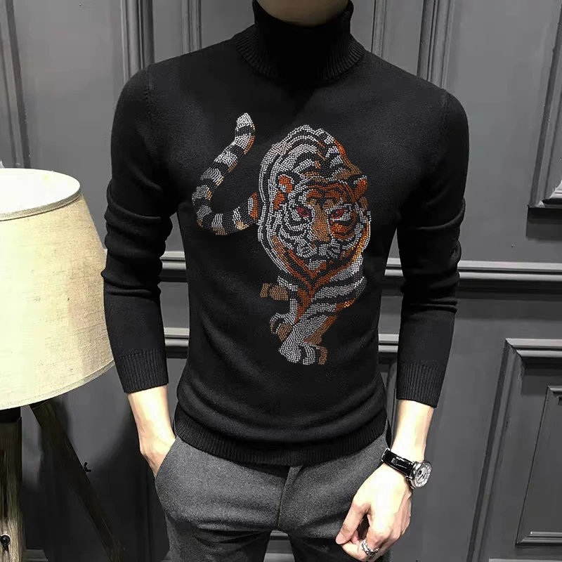 

Autumn And Winter Men's Turtleneck Sweater High-Quality Fabric Knit Tops Male Animal Print Warm Pullover Casual Long Sleeves