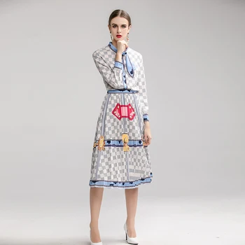 

Xiaomoli fashion elegant forest age reducing Bow Tie Shirt pleated half skirt printing two piece set new fall 2019