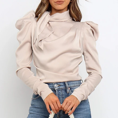 Pink OOTN Весна Лето Женский Топ и блузки Элегантная черная атласная рубашка женские топы с галстуком-бабочкой воротник с пышными рукавами офисная блузка - Цвет: Pink