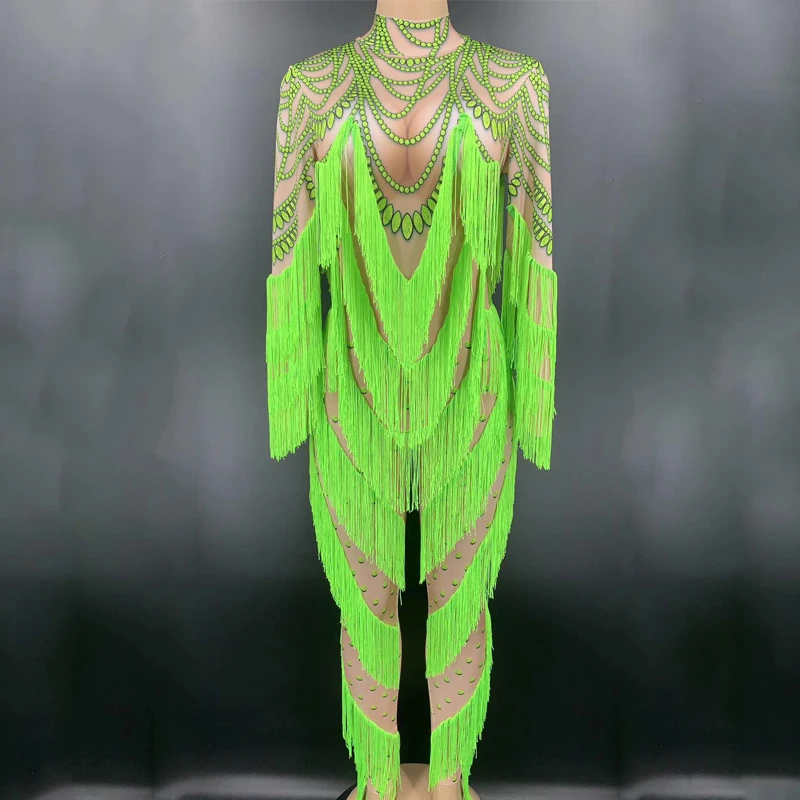 Зеленый Стразы бахрома длинные рукава сексуальный комбинезон для женщин танцор