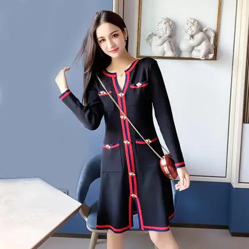 Корейский длинный рукав карман v-образный вырез лоскутное платье до колена женское вязаное однобортное карманы осенние корейские платья - Цвет: Черный