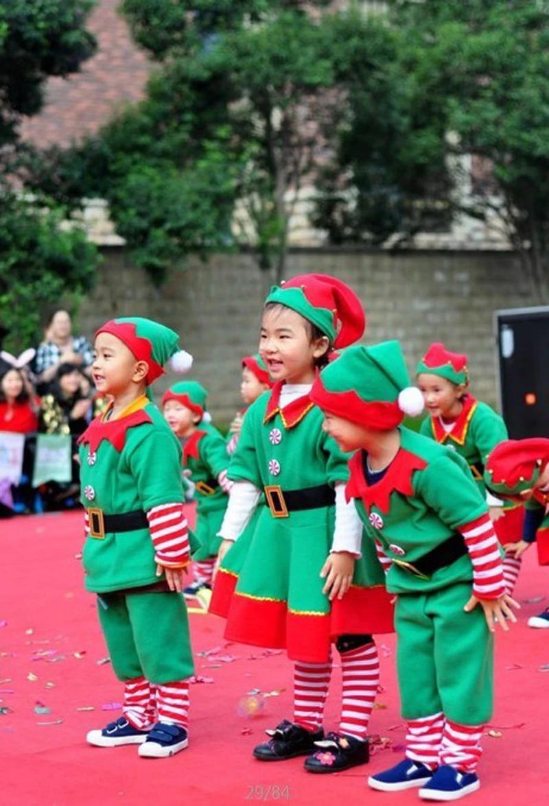 Kids Adults green Elf christmas Costumes Festival Santa Claus for Girls boys New Year baby clothing Fancy Party Dress 70-180cm