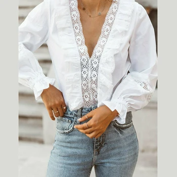 

Retro Women Ruffled Blouse Hollow Out Vintage Shirts Solid V-Neck Long Lantern Sleeve Blouses Ladies Chic Shirt Casual Loose Top