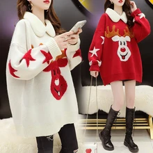 Women Sweater Pullover 2020 Winter Cotton Long-Sleeve V-neck Thermal Knitted Sweater Christmas Animation Printed Women Clothing