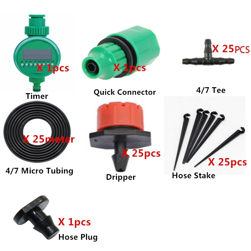 

Hot Sale 25M Diy Mini Drip Irrigation System Plant Self Automatic Watering Timer Garden Hose Kits With Adjustable Dripper