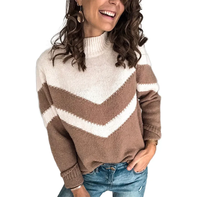 Women's sweater round neck v-striped stitching knitted jumper winter sweater women womens sweater winter clothes womenpullovers