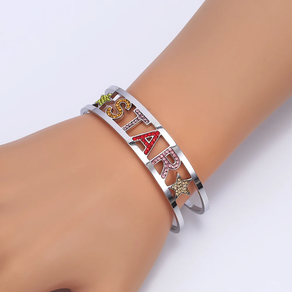 

Colorful Crystal Letters Star Bangle for Women Open Cuff Stainless Steel Bangle Fashion Jewelry Gift 2019 New Gift Dropshipping
