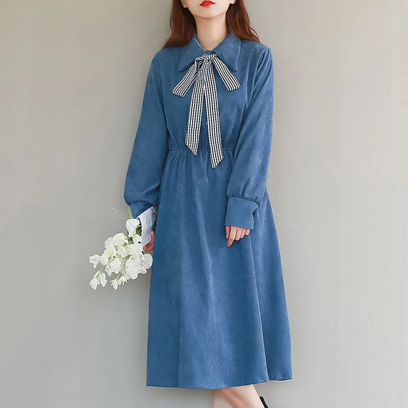 2020 Mori Girl Autumn Spring Women Dress Long Sleeve Vintage Corduory Dress Turn-Down Collar Blue Elastic-Waisted Ribbon Dresses