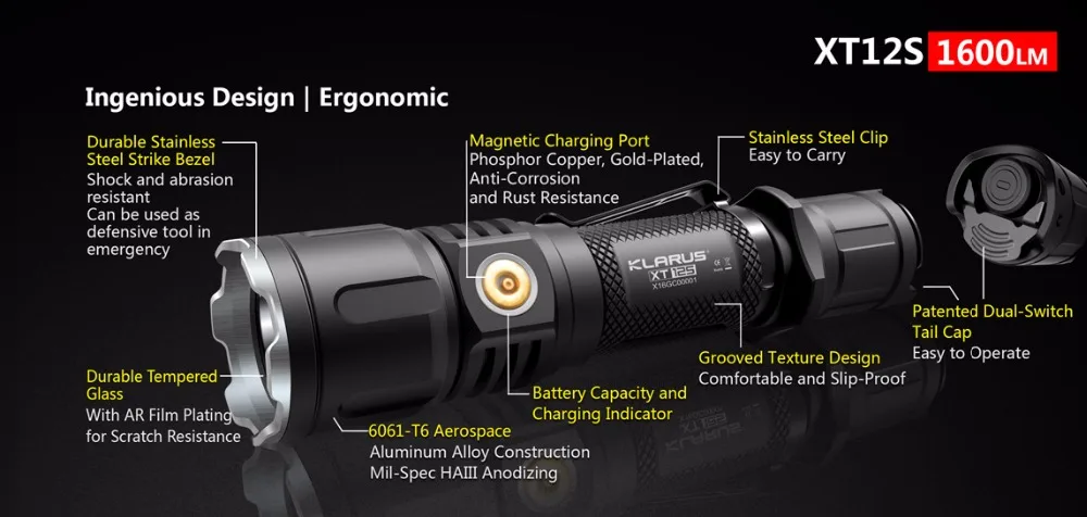  KLARUS XT12S Led Flashlight CREE XPH35 HI D4 1600LM Rechargeable FlashLight with Battery Tactical F - 4000310996204