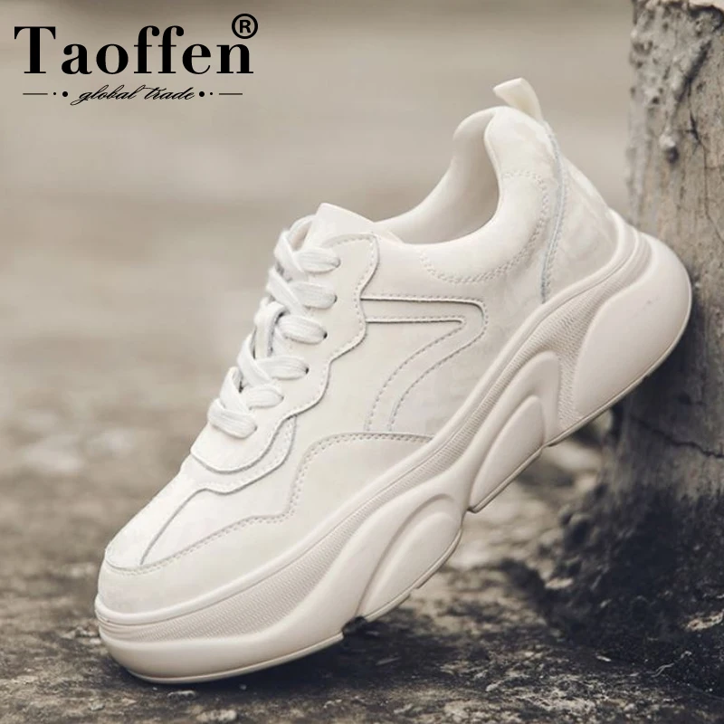 Taoffen Real Leather Sneakers Women Thick Sole Solid Color Lace Up Flats Shoes Daily Outdoor Leisure Shoes Women Size 35-39