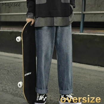 

Men Jeans Solid Ankle-length Plus Size 36 Oversize Simple Teens Denim Wide Leg Treousers Mens Streetwear Chic Distressed Ulzzang