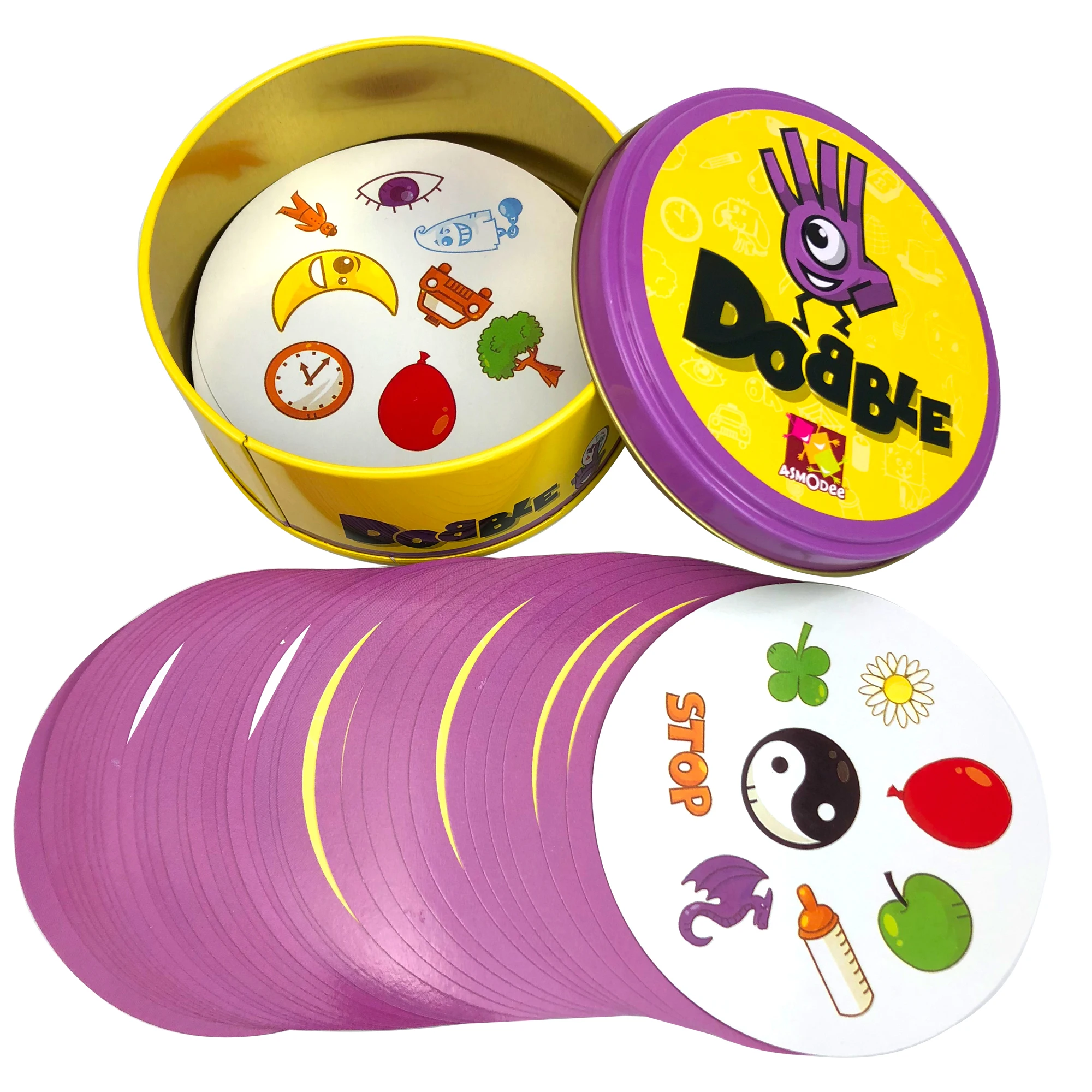 Local e dobble jogo de tabuleiro de mesa para dobbles crianças cartões de ponto ele ir acampamento metal lata caixa shalom básico inglês brinquedos
