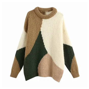 

Stylish Sweet Patchwork Loose Knitted Sweater O Neck Long Sleeve Female Pullovers Chic Tops