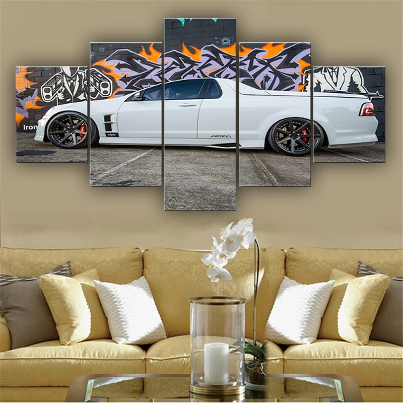 Белый спортивный автомобиль в рамке 5 панелей Wall Art Холст Картина Современная