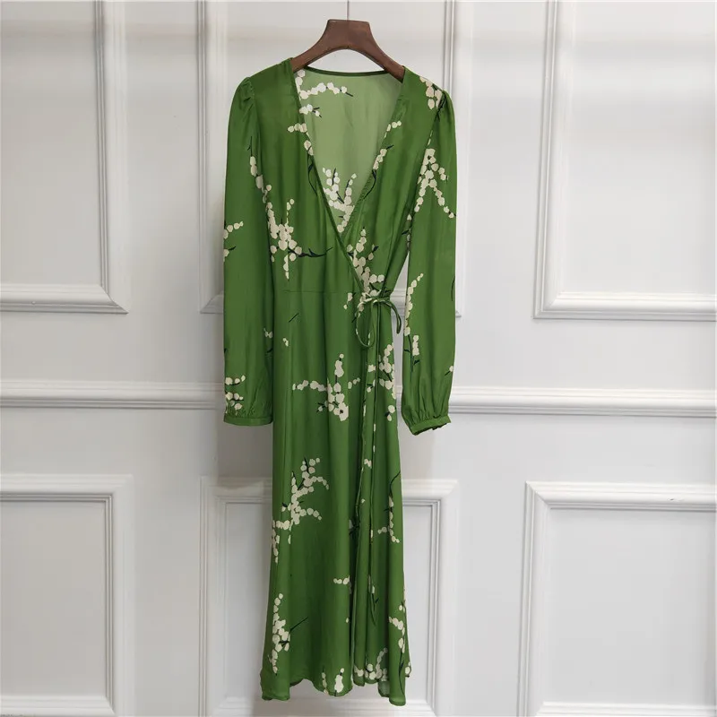 

19 early autumn holiday V-neck lantern sleeves green bottom print drawstring tie waist gathered wrap mid-length dress