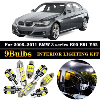 

9pcs LED Interior Light Kit + Front dome lamp + Rear map lights + Vanity mirror bulb for 2006-2011 BMW 3 series E90 E91 E92