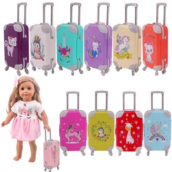 Valise de poupée 18 pouces, accessoires de voyage, tronc en plastique, dessin animé licorne chat, impression de motif pour fille américaine et poupée Reborn de 43 Cm 