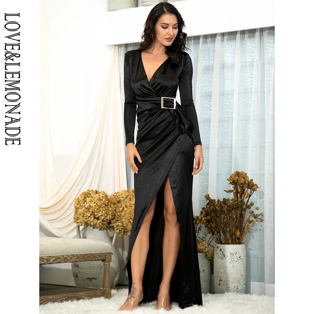 LIEFDE & LIMONADE Sexy Black V-hals Metalen Gesp Lichtgevende Elastische Materiaal Lange Mouwen Party Split Maxi Jurk LM81996