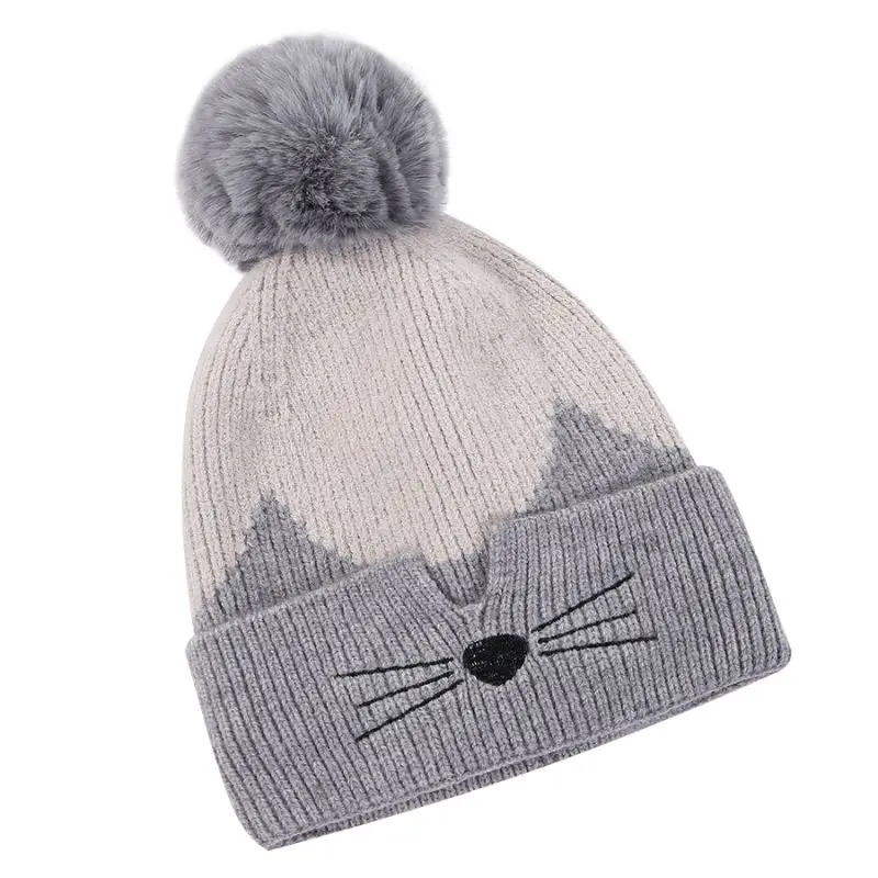 Женская шапка, зимняя вязаная шерстяная шапочка, шапка осень-зима, милая теплая шерстяная шапка с кошечкой, цветная вязаная шапка Ins, модная