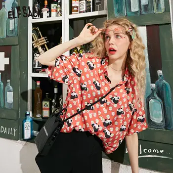 

ELFSACK Orange Panda Print Single Pearls Button Casual Satin Shirts Women 2020 Spring Purple Half Sleeve Korean Ladies Daily Top