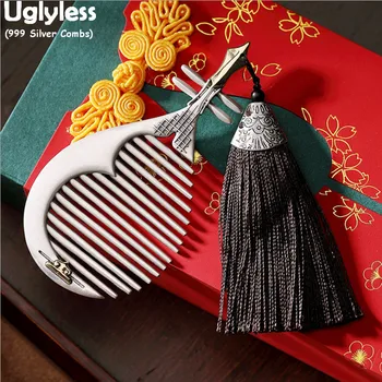 

Uglyless Certificated Real 999 Silver Combs for Women MINI Size Hair Combs Musical Instrument Lute Hair Decorations Gift Packing