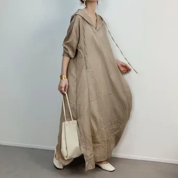

Korean Style Chic Women Dress Loose 2020 Autumn V Neck Casual A-Line Long Maxi Hoodie Dresses Robe Femme Vestiods Floor-Length