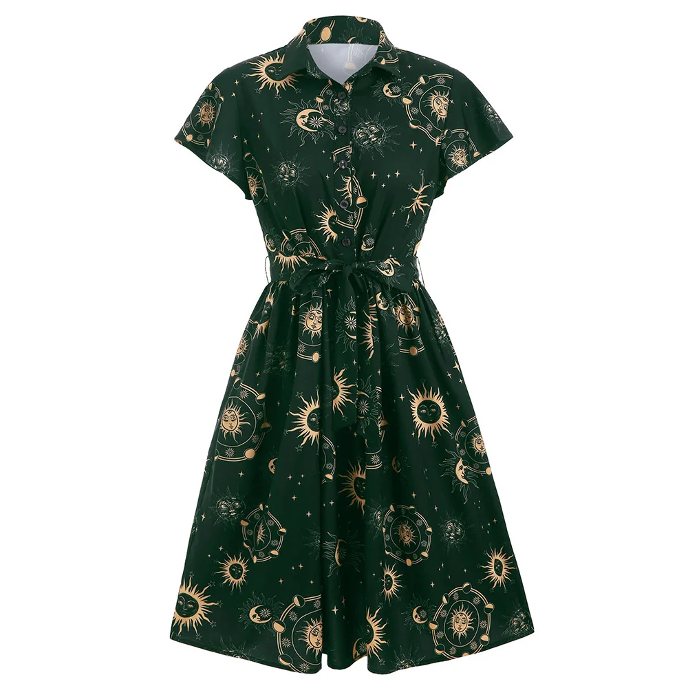 Dark Forest Green Wipalo/летнее осеннее женское платье с принтом солнца, луны и звезд, с поясом, на выход, а-силуэт, с отложным воротником, с короткими рукавами, платье-рубашка - Цвет: Dark Forest Green