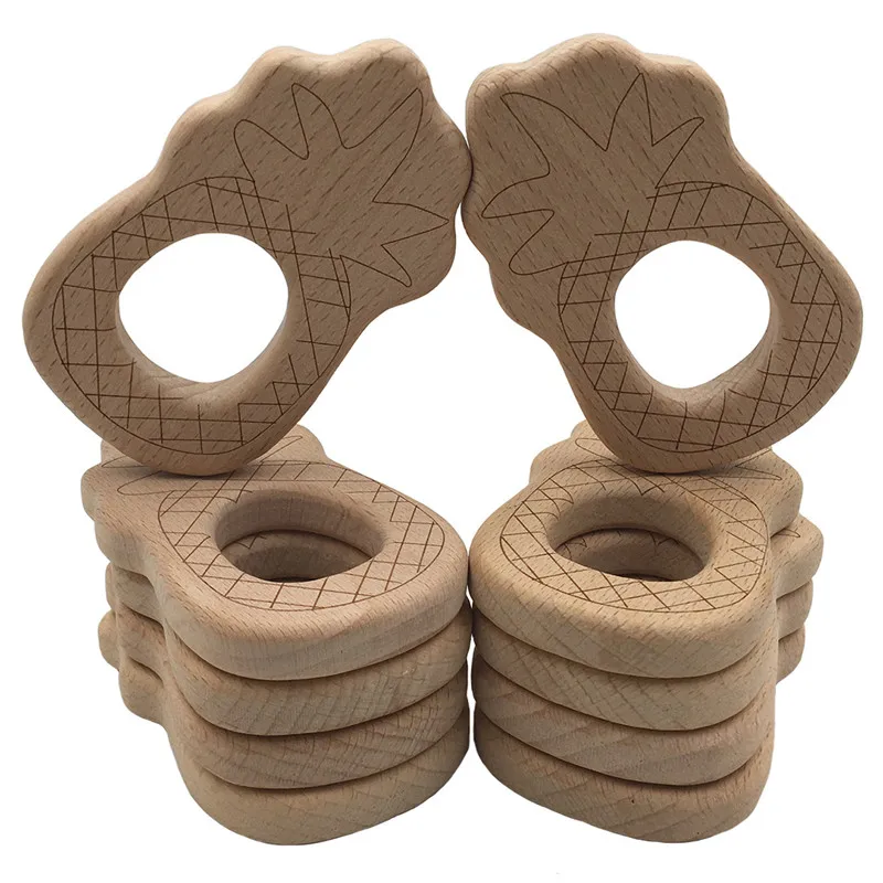 

Cartoon Fruit Pineapple Natural Beech Wooden teether Pacifier Chain 3C Safety Certification Wooden Baby Teether Toys for Newborn