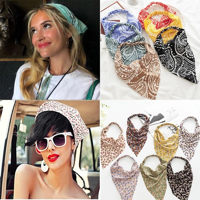 Women\'s Bandana Vintage Bohemia Women Bandana Hair Band Scarf Print Vintage Triangle Turban Elastic Headband for Lady Head Scarf