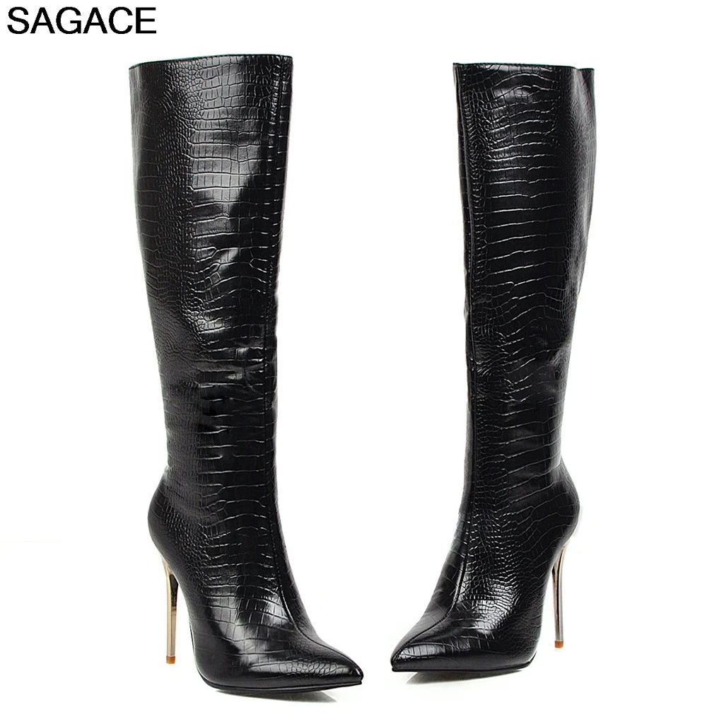 SAGACE/ботинки для отдыха; Женские Сапоги выше колена со змеиным узором; botas; женская обувь с острым носком на резиновой подошве; ботинки; zapatos de mujer