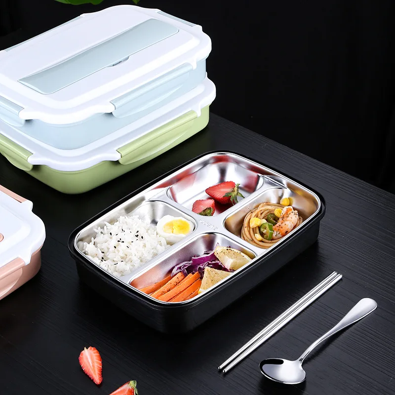 

Коробка Bento для взрослых, Портативный Ланч-бокс, Герметичный пищевой контейнер из нержавеющей стали, 3/4 ячеек, в комплекте ложка и палочки дл...
