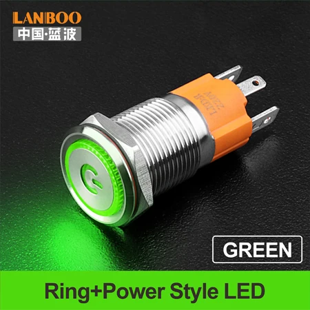 LANBOO Factory 16 мм высокий ток 10 А Высокая мощность 12 в 110 В 24 В 220 В светодиодный светильник с фиксацией мгновенный самоблокирующийся кнопочный переключатель - Цвет: G LED Power