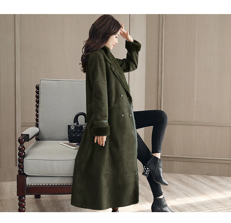 Новинка, зимнее женское меховое пальто, вельветовое плотное теплое хлопковое пальто, длинное однотонное хлопковое пальто, куртка - Цвет: ArmyGreen