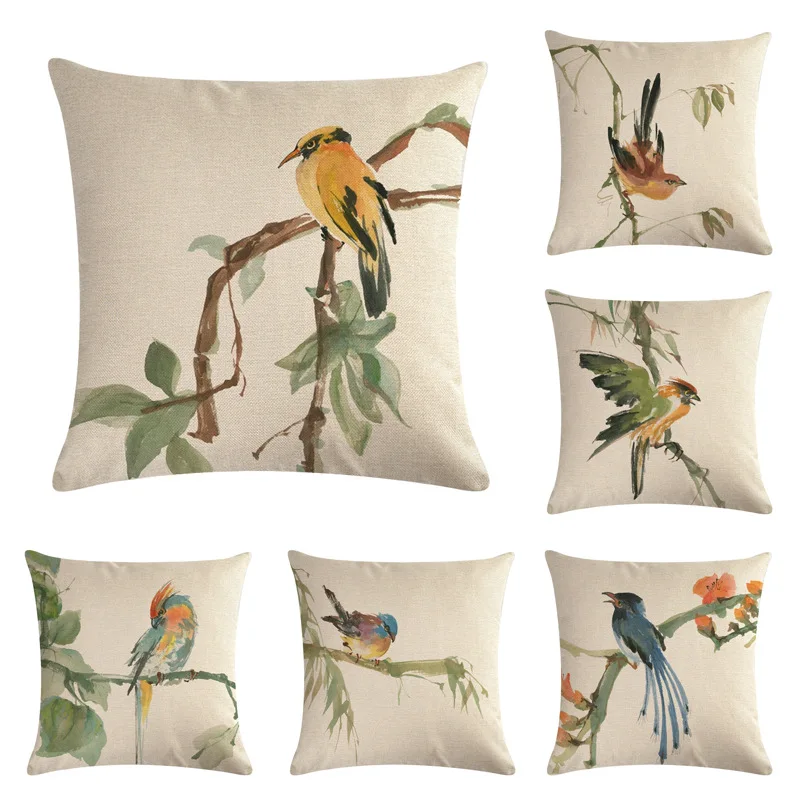 

Chinese ink and wash flower and bird series linen pillowcase cushion cover