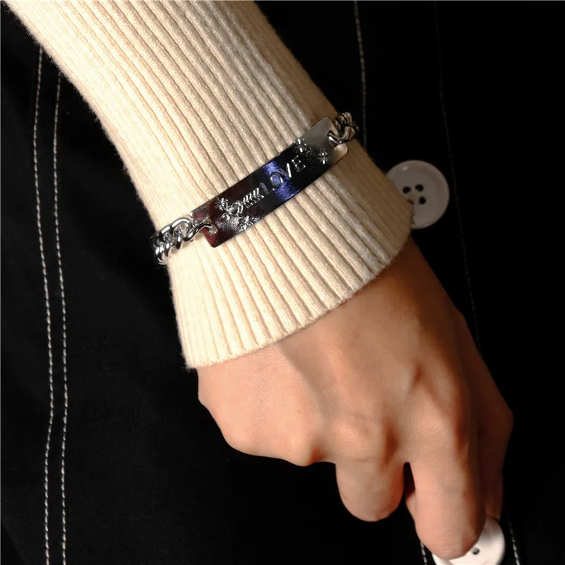 Chain bracelet AOMU Men Stainless Steel Link Chain Bracelets & Bangles Cuff Wristband Biker Motorcycle Black Silicone Bracelet