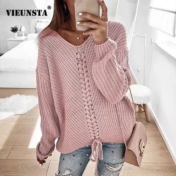 

VIEUNSTA 3XL Sexy V-neck Lace-up Knitted Sweater Plus Size Long Sleeve Solid Women Pullover Autumn Winter Casual Sweaters Jumper