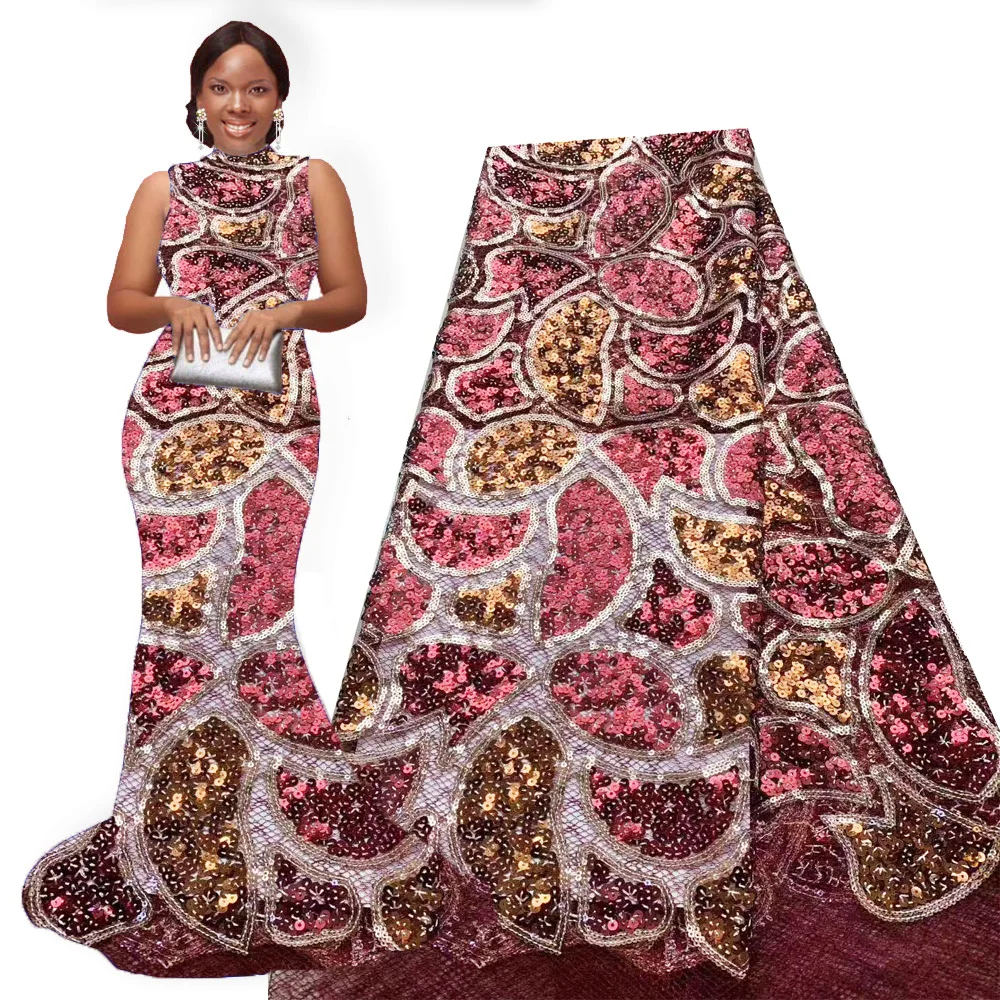 

Wine red french lace fabric with sequins african lace embroidery fabric high quality african lace fabric for wedding dresses