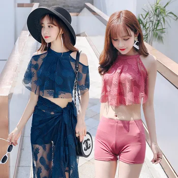 

3pc/Set New Ruffle High Waist Swimwear Bathing Suit Halter Pink Blue Black Dress Swimsuit Beachwear For Girl Women
