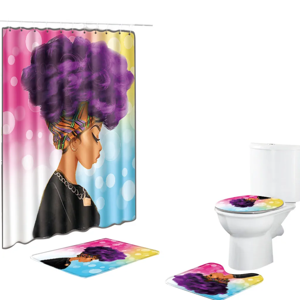 

4 Pcs African Woman Digital Print Creative Toilet Polyester Cover Mat Set Bath Rug Set Bathroom Accessories Shower Curtain Set