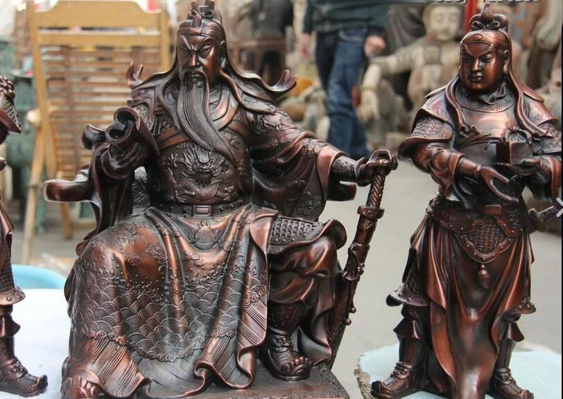Бронзовая Медь три царства Guan Ping Zhou Cang Guan Gong Гуань Ю воин набор