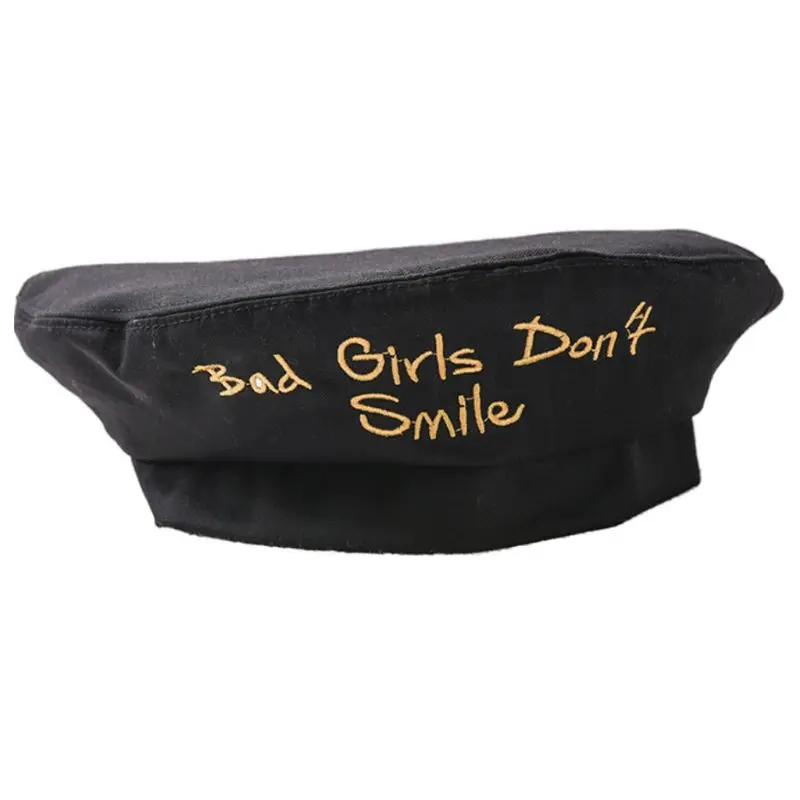 A Женская лента бант берет шапка Bad Girls Dont Smile Письма Вышивка темно-синяя шляпа - Цвет: A